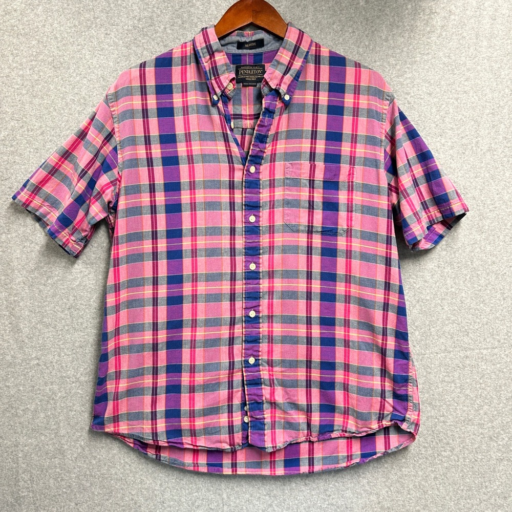 Pendleton Seaside Shirt Pink Purple Plaid Short Sleeve Button Down Mens Large